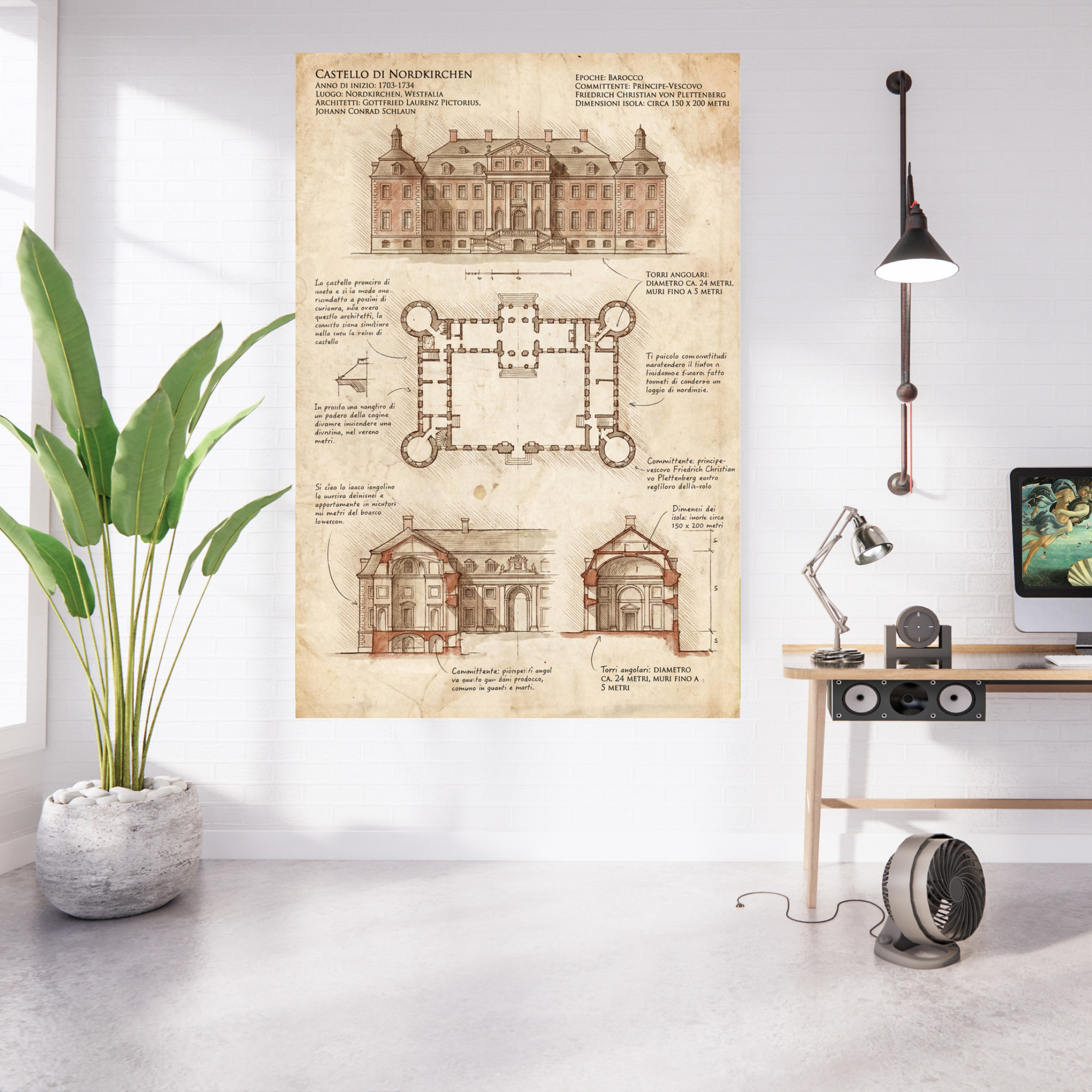Poster Schloss Nordkirchen im Da Vinci Stil – Das "Westfälische Versailles" als historische Skizze