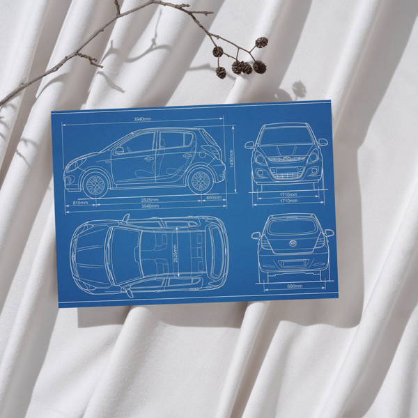 Hyundai i20 Blueprint Poster – Technische Zeichnung als hochwertiges Wandbild