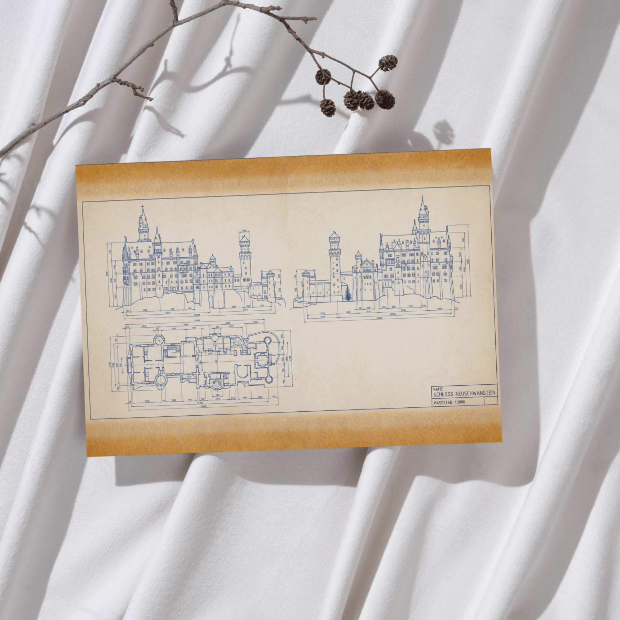 Schloss Neuschwanstein Blueprint Poster – Das Märchenschloss als technische Zeichnung