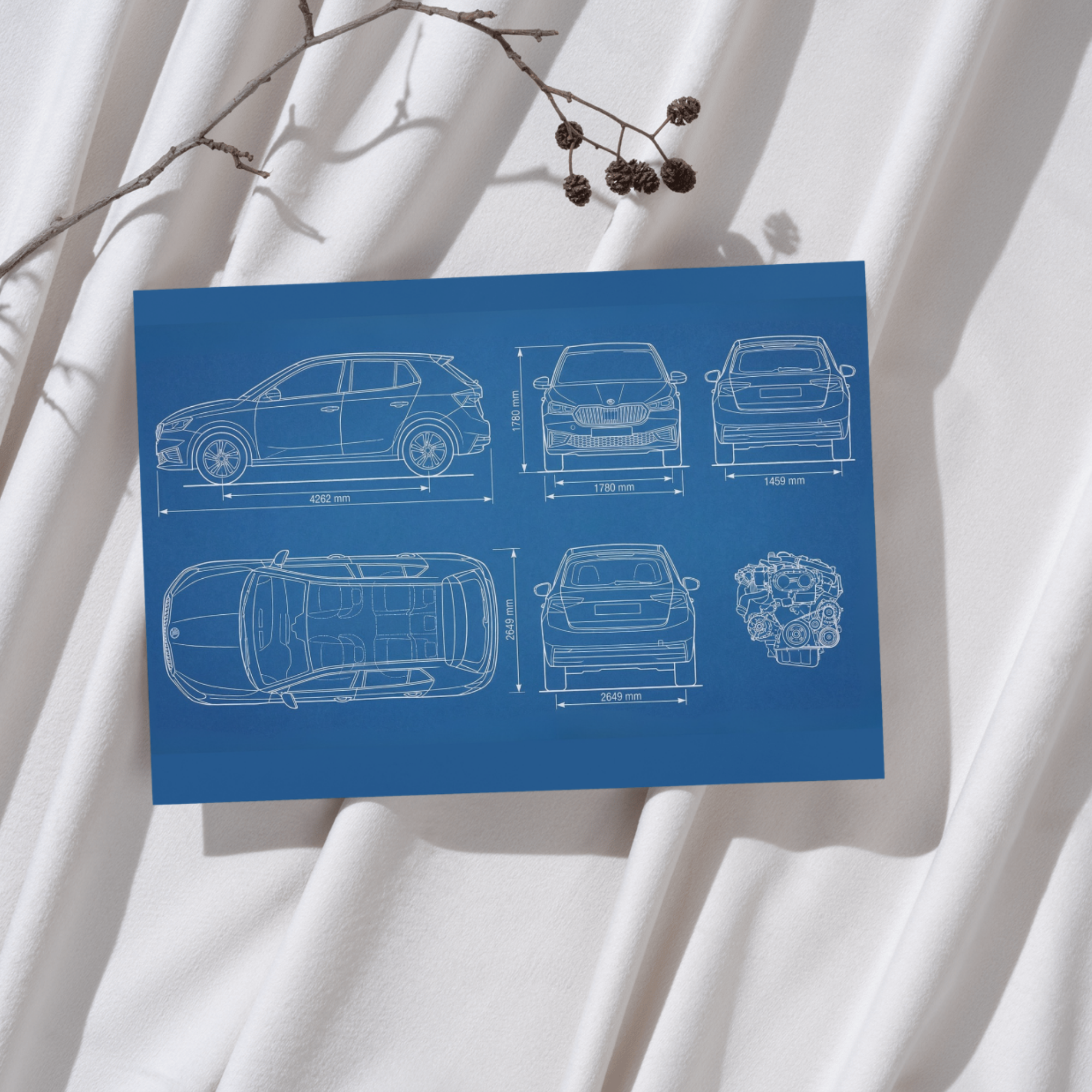 Skoda Fabia Combi Blueprint Poster – Technische Zeichnung als hochwertiges Wandbild