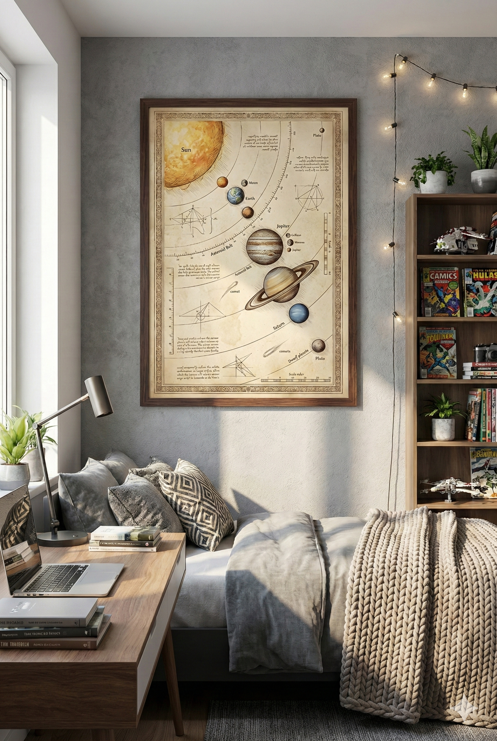 Poster im Vintage-Stil, das das Sonnensystem mit Sonne, Erde, Saturn und anderen Planeten auf einem Pergament-Hintergrund zeigt.