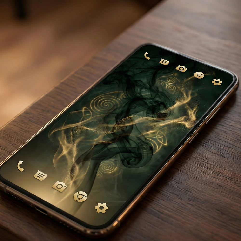 Mythara Digital Art: „Golden Echoes“ – Celtic Abstract 4K Wallpaperr