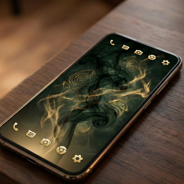 Mythara Digital Art: „Golden Echoes“ – Celtic Abstract 4K Wallpaperr