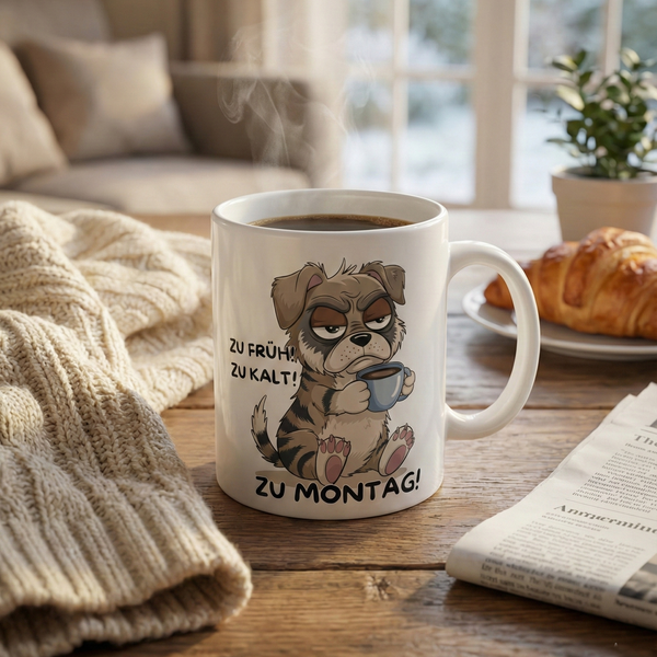Lustiges Geschenk für Kollegen: Tasse "Zu früh, zu kalt"