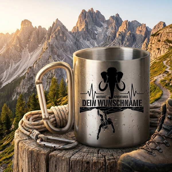 Personalisierte Edelstahltasse "Climber" – Tasse mit Karabiner & Wunschname für Kletterer & Boulderer