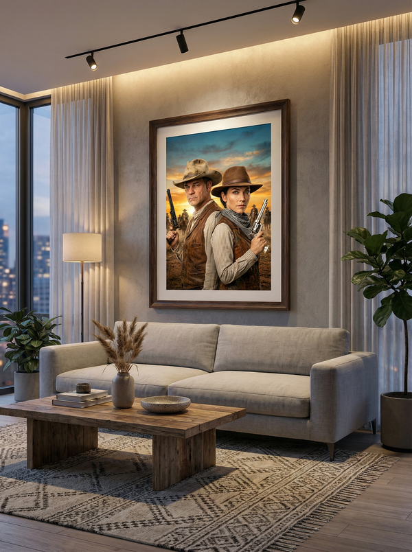 Dein ganz persönliches Paar-Wandbild "Westernhelden" – Verwandelt eure Fotos in ein Cowboy-Paar