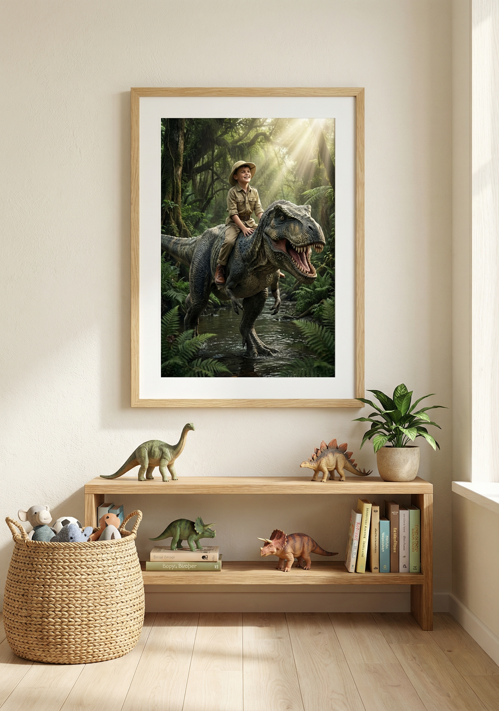 Dein ganz persönliches Wandbild "Der Dino-Reiter" – Dein Kind auf dem Rücken eines T-Rex