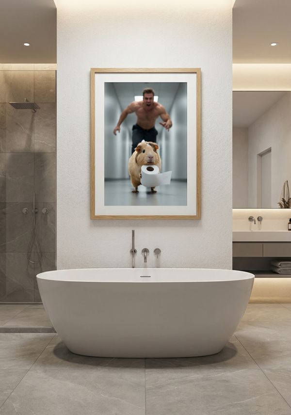 Dein ganz persönliches Wandbild "Der Klorollen-Dieb" – Dein Haustier als frecher Badezimmer-Ganove