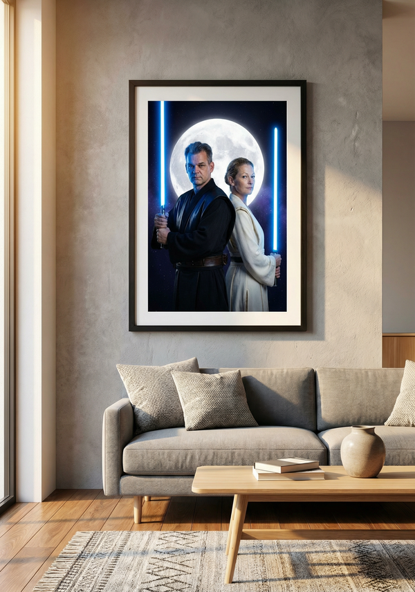 Dein ganz persönliches Paar-Wandbild "Galaktische Meister" – Verwandelt eure Fotos in Jedi-Ritter