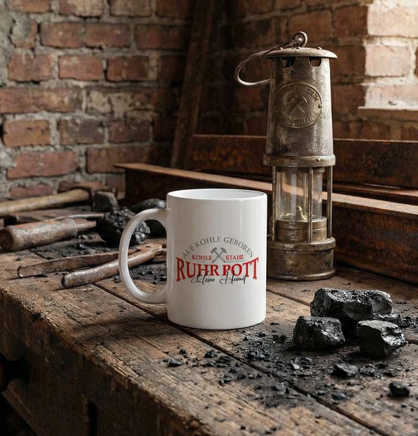 Ruhrpott Tasse "Meine Heimat" – Bergbau Design "Auf Kohle geboren"