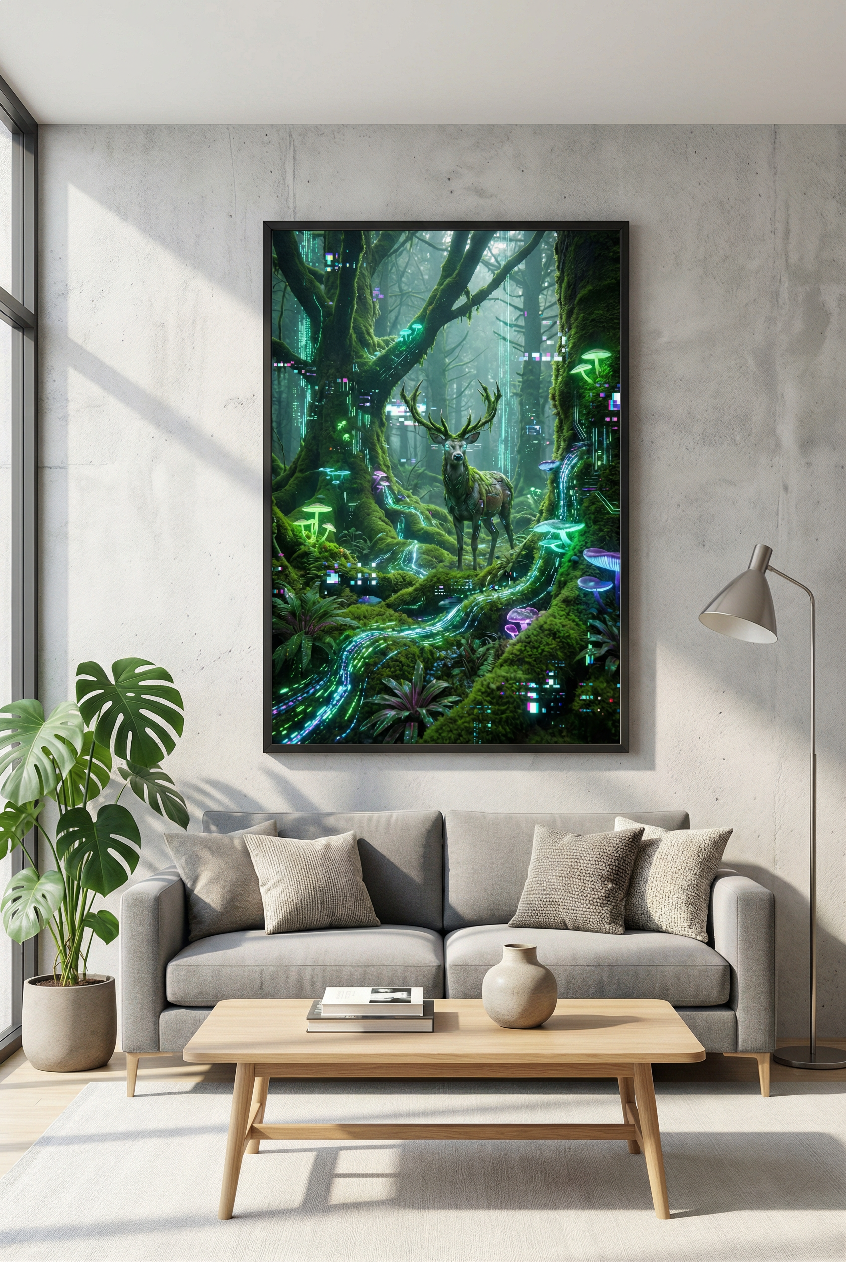 Poster "Bio-Digital: Der Wächter" – Hirsch im Cyber-Wald