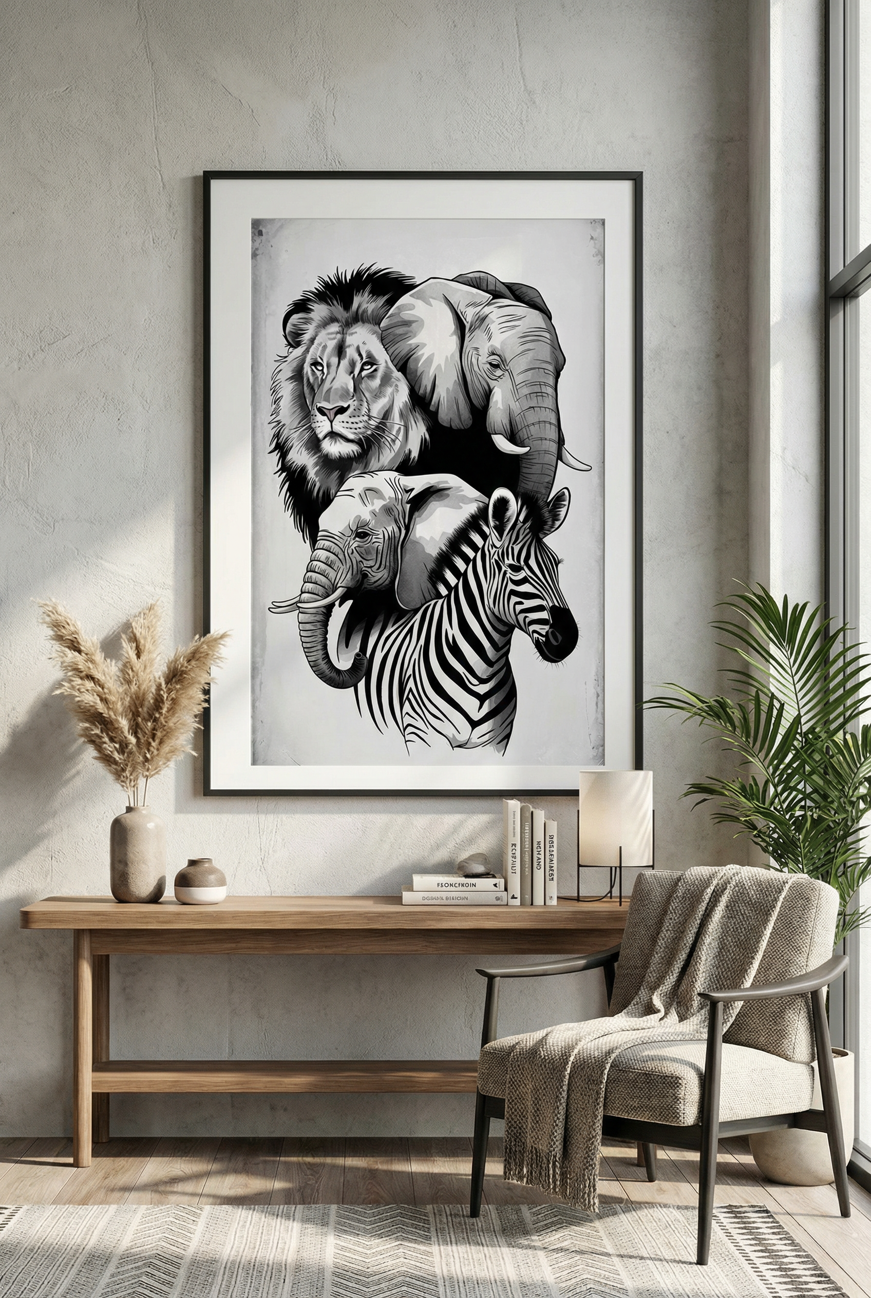 Poster "Safari Trio: Löwe, Elefant & Zebra" – Schwarz-Weiß Illustration