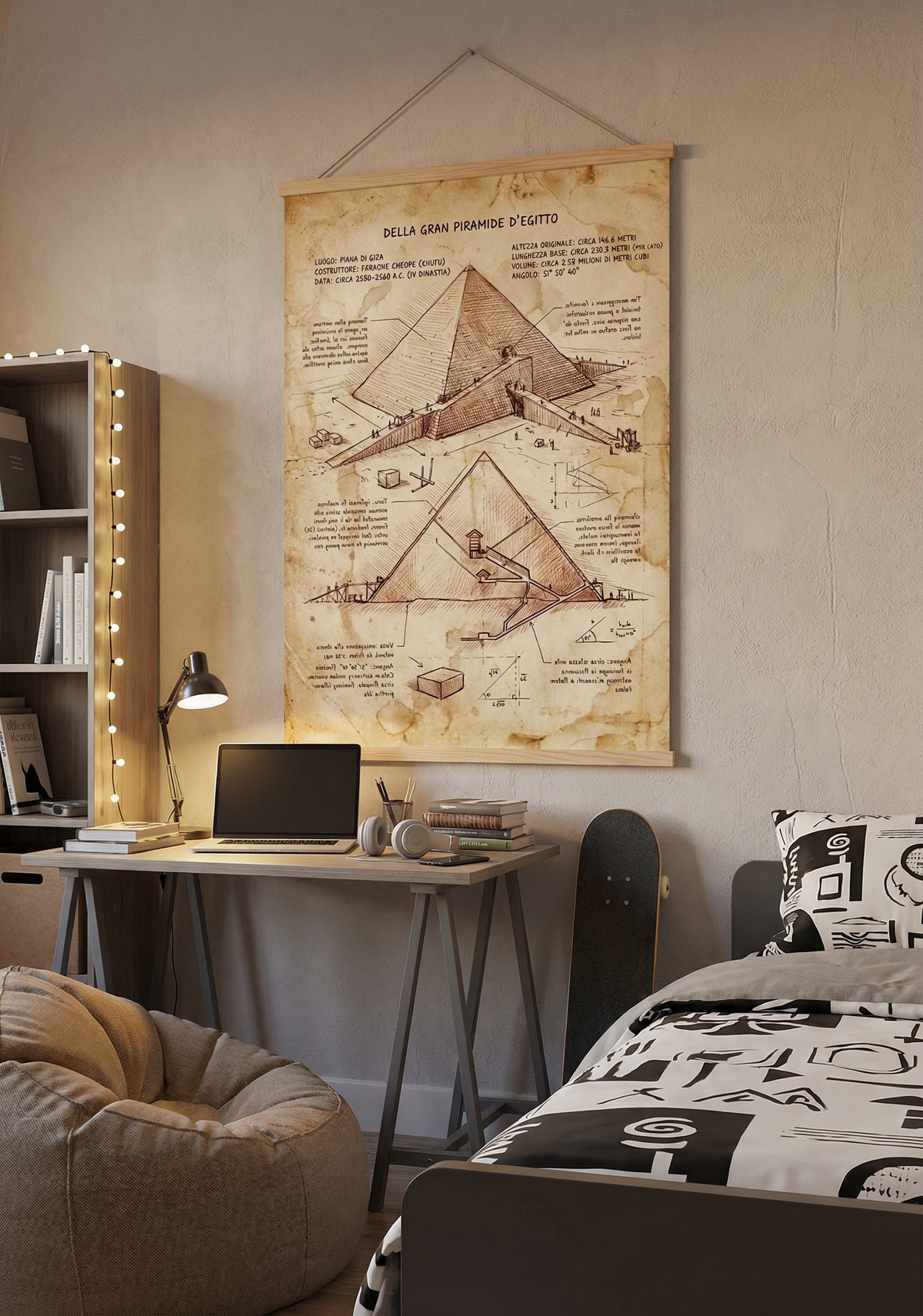 Poster im Vintage-Stil, das die Pyramiden von Gizeh und die Sphinx als historische Skizze auf Pergament zeigt.