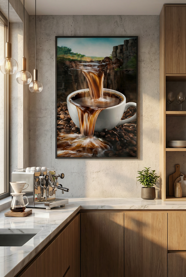 Surreales Wandbild mit Kaffeewasserfall, der in eine weiße Tasse fließt, umgeben von Kaffeebohnen und grüner Naturlandschaft, Küchendeko.
