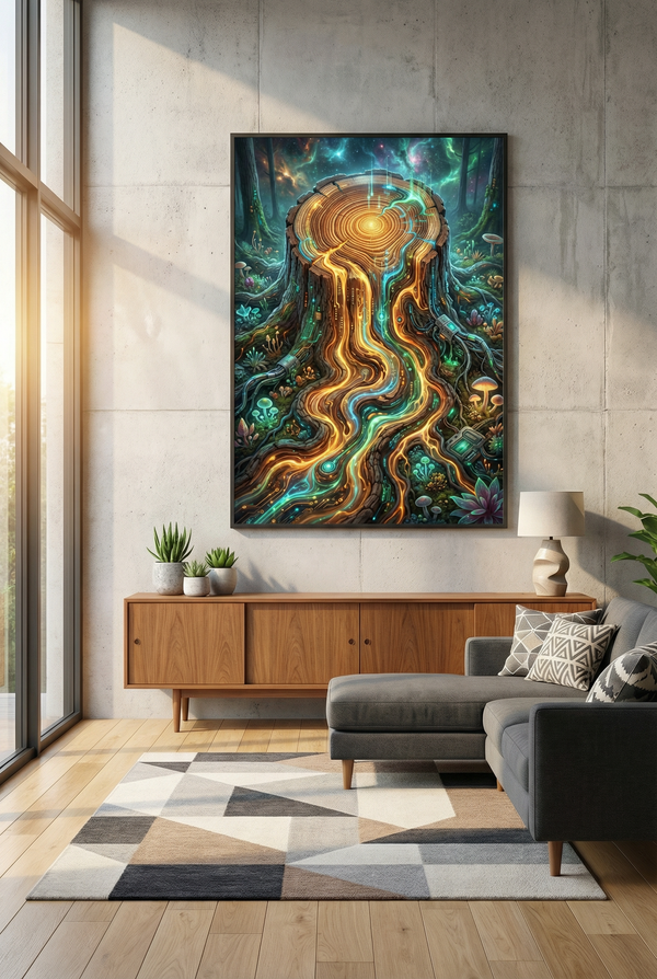 Poster "Bio-Digital: The Source" – Leuchtender Baumstamm & Schaltkreise