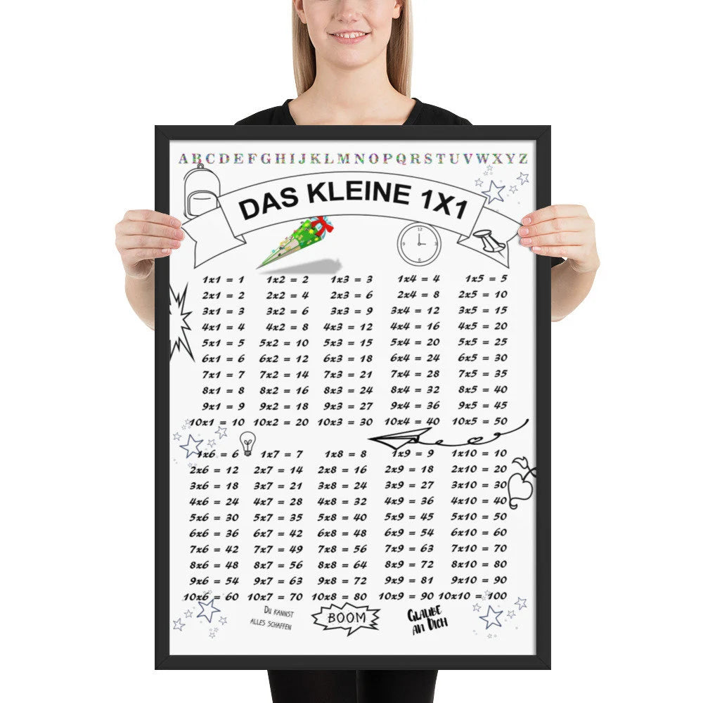 Weißes Lernposter "Das kleine 1x1" mit Multiplikationstabellen von 1 bis 10, dekoriert mit Schultüte, Schulranzen und motivierenden Sprüchen wie "Glaube an dich", Deko für Schulanfänger.
