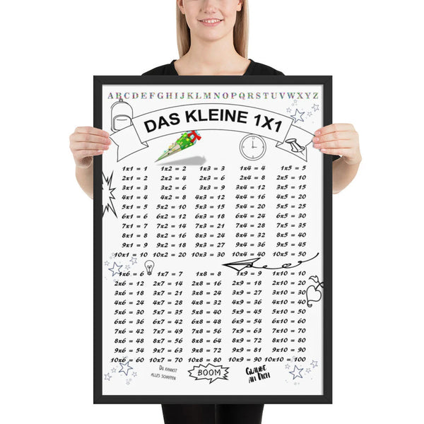 Weißes Lernposter "Das kleine 1x1" mit Multiplikationstabellen von 1 bis 10, dekoriert mit Schultüte, Schulranzen und motivierenden Sprüchen wie "Glaube an dich", Deko für Schulanfänger.