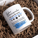 Weiße Keramiktasse mit lustigem Spruch für den Schwiegersohn.