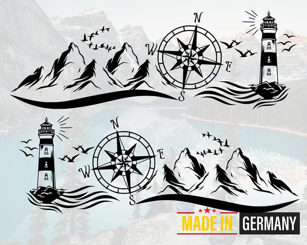 Vinyl Aufkleber "Weltenbummler" – Kompass mit Bergen & Leuchtturm (Wetterfest)