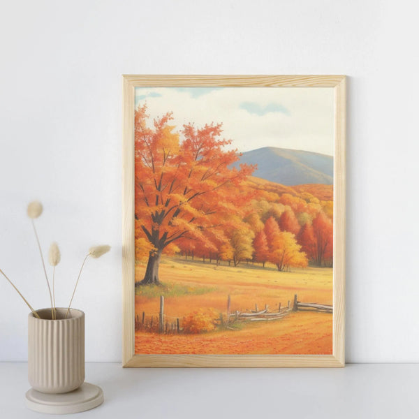 Gemälde einer Herbstlandschaft mit leuchtend orangen Bäumen, einem rustikalen Holzzaun, goldenem Gras und blauen Bergen im Hintergrund, Naturbild.