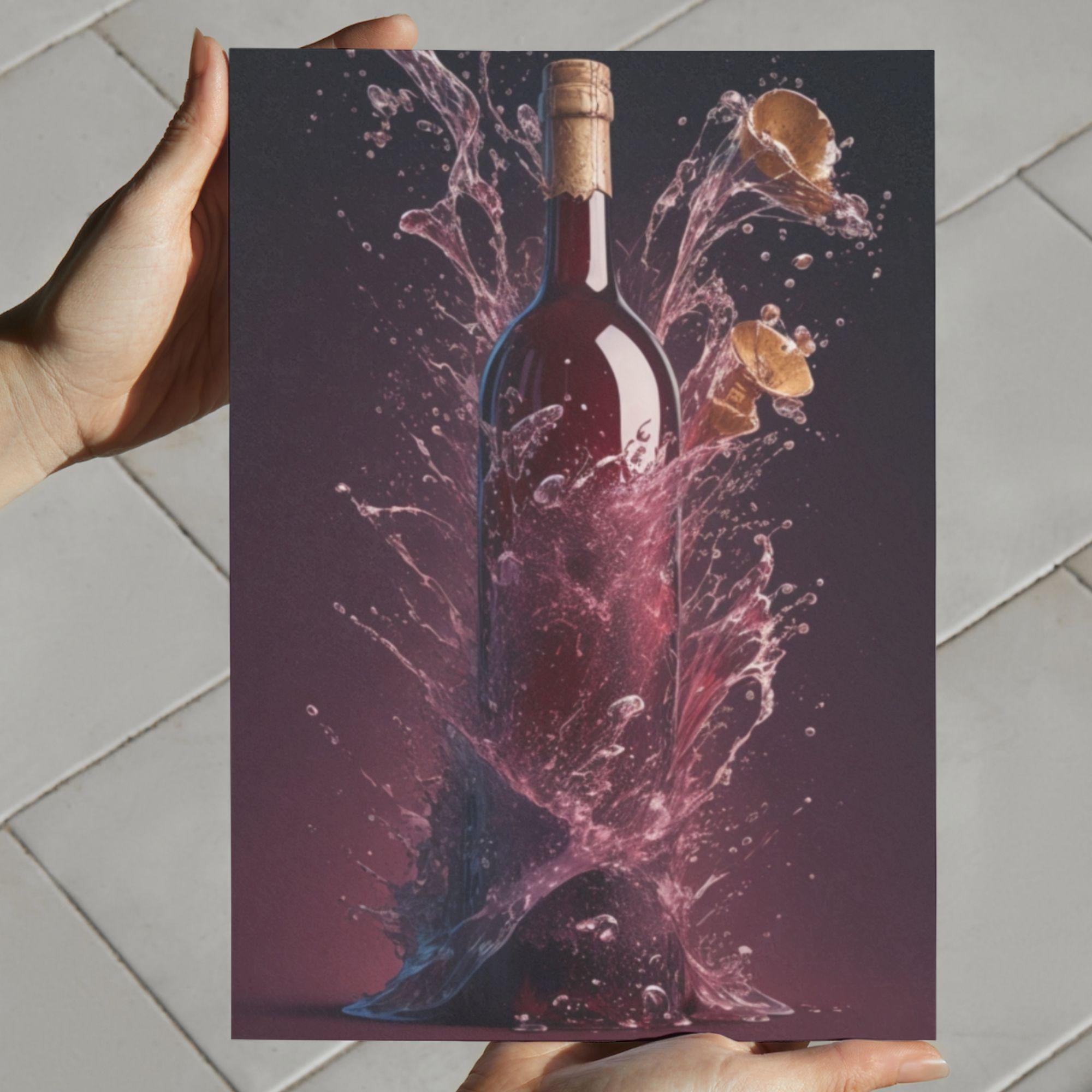 Weinflasche vor dunklem Hintergrund, umgeben von dynamischen Rotwein-Spritzern, die wie Musikinstrumente geformt sind, goldene Akzente, moderne Küchenkunst.