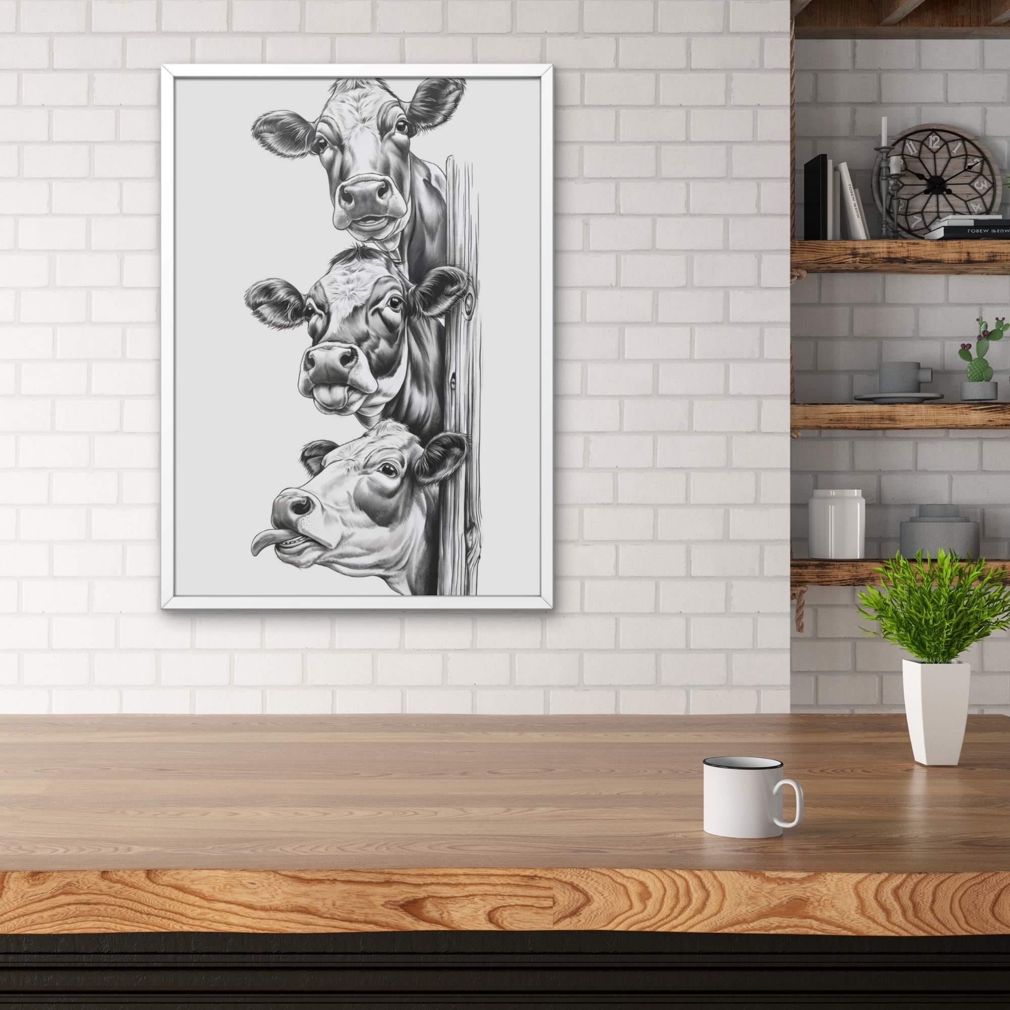 Schwarz-Weiß Zeichnung von drei lustigen Kühen, die übereinander gestapelt hinter einem Holzzaun hervorschauen und Zungen rausstrecken, Landhausstil Wandkunst.