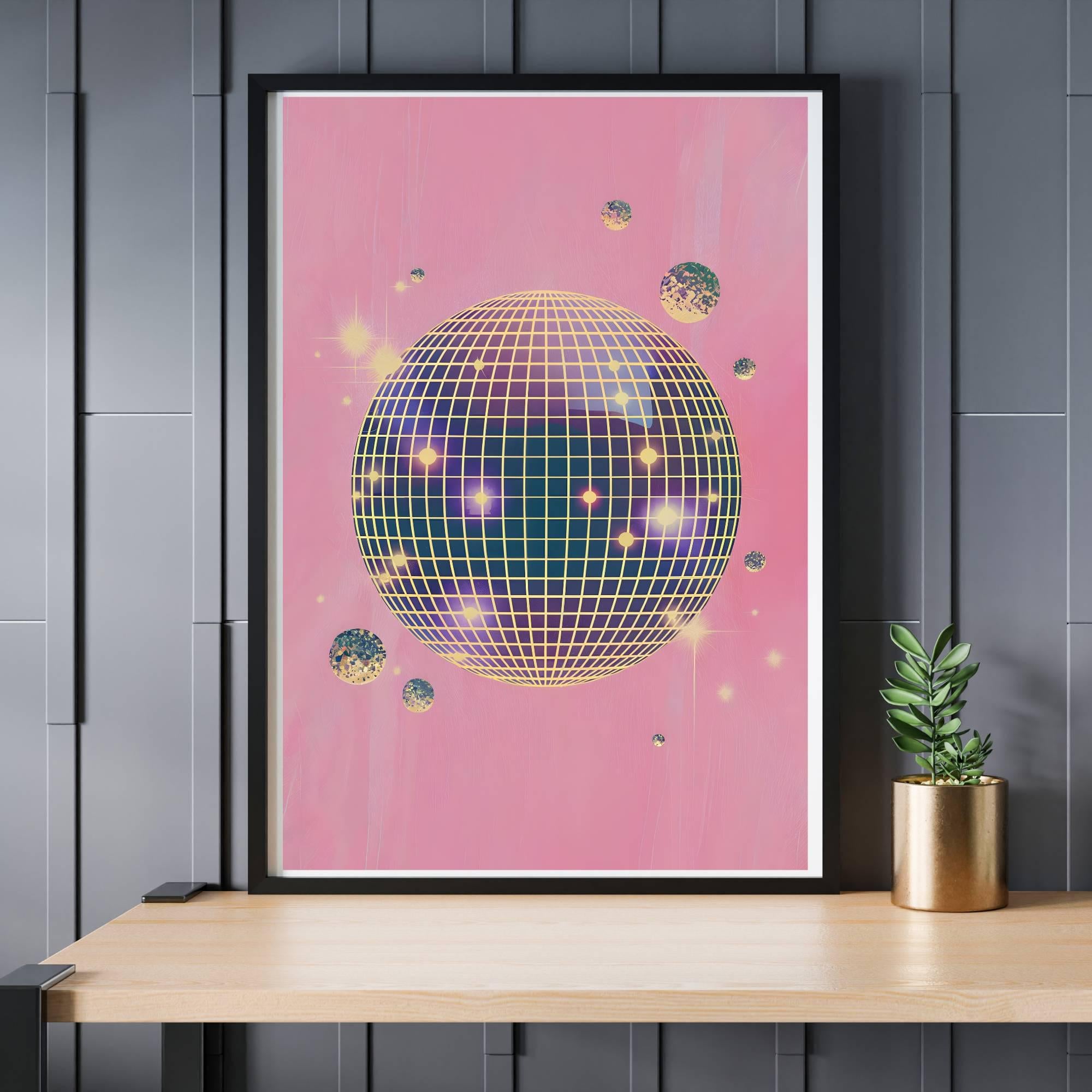 Ästhetisches Poster mit großer goldener Discokugel vor rosa Hintergrund, umgeben von kleinen Planeten und Sternen, Retro 80er Jahre Stil Wandkunst.
