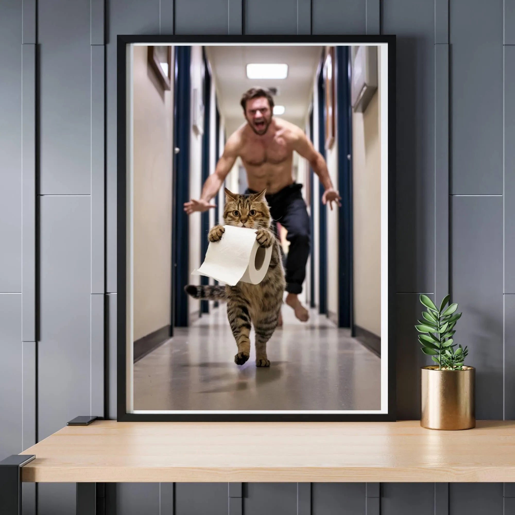 Poster einer getigerten Katze, die mit einer Rolle Toilettenpapier im Mund vor einem schreienden Mann wegrennt.