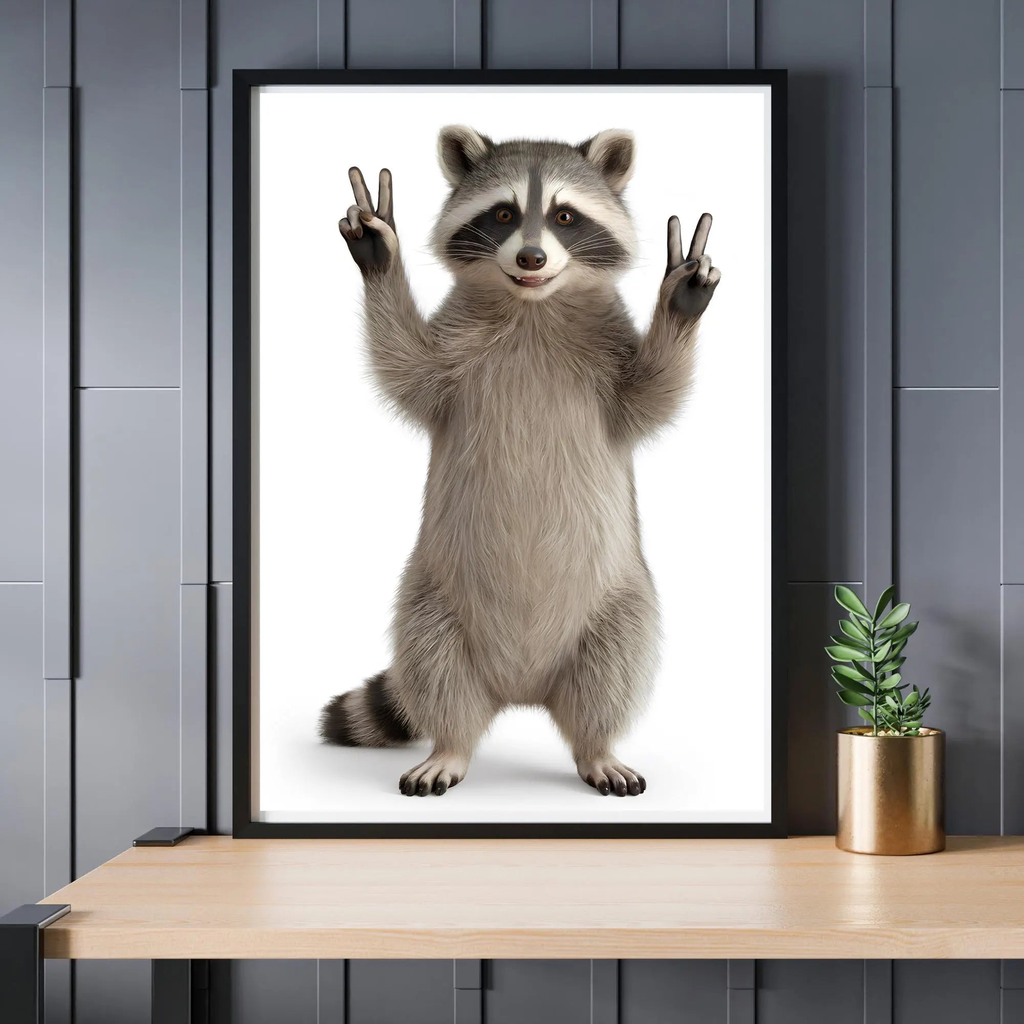Realistisches Bild eines stehenden Waschbären vor weißem Hintergrund, der mit beiden Pfoten das Peace-Zeichen macht und lächelt, lustige Tier-Wandkunst.