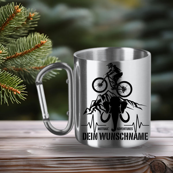 Personalisierte Edelstahltasse mit Karabiner – Outdoor Becher mit Wunschname für Biker