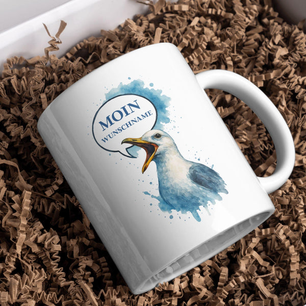 Keramiktasse "Kleine Möwe" mit Wunschname – Personalisiertes Geschenk für Küstenkinder