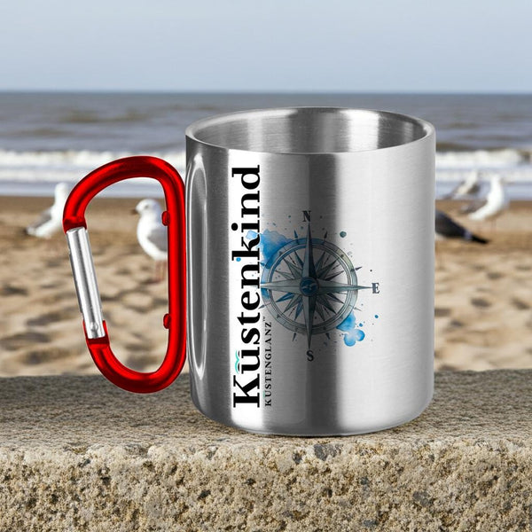 Edelstahltasse mit Karabiner "Küstenkind" – Robuster Camping Becher für Nordlichter & Meer-Fans
