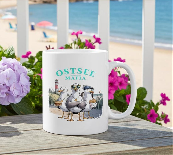 Keramiktasse "Ostsee Mafia" – Lustiger Möwen-Becher für Ostsee-Fans & Fischbrötchen-Liebhaber