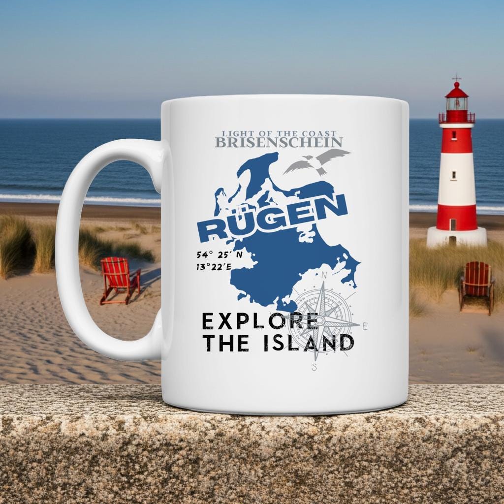 Weiße Keramiktasse mit der Landkarte der Insel Rügen und einem dekorativen Kompass.