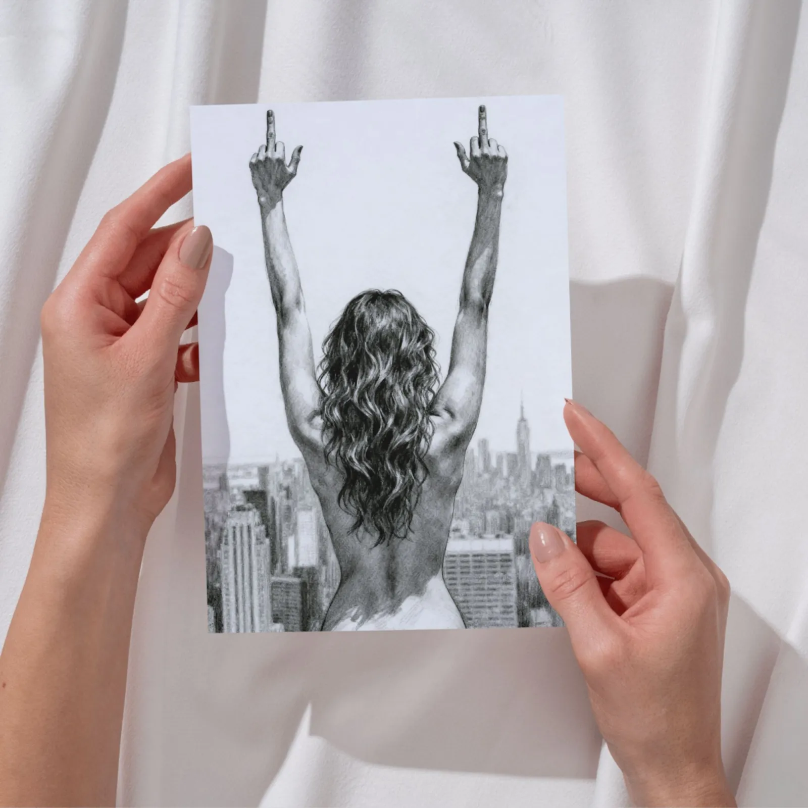 Frau Mittelfinger Skyline Kunstdruck Schwarz Weiß Wandbild