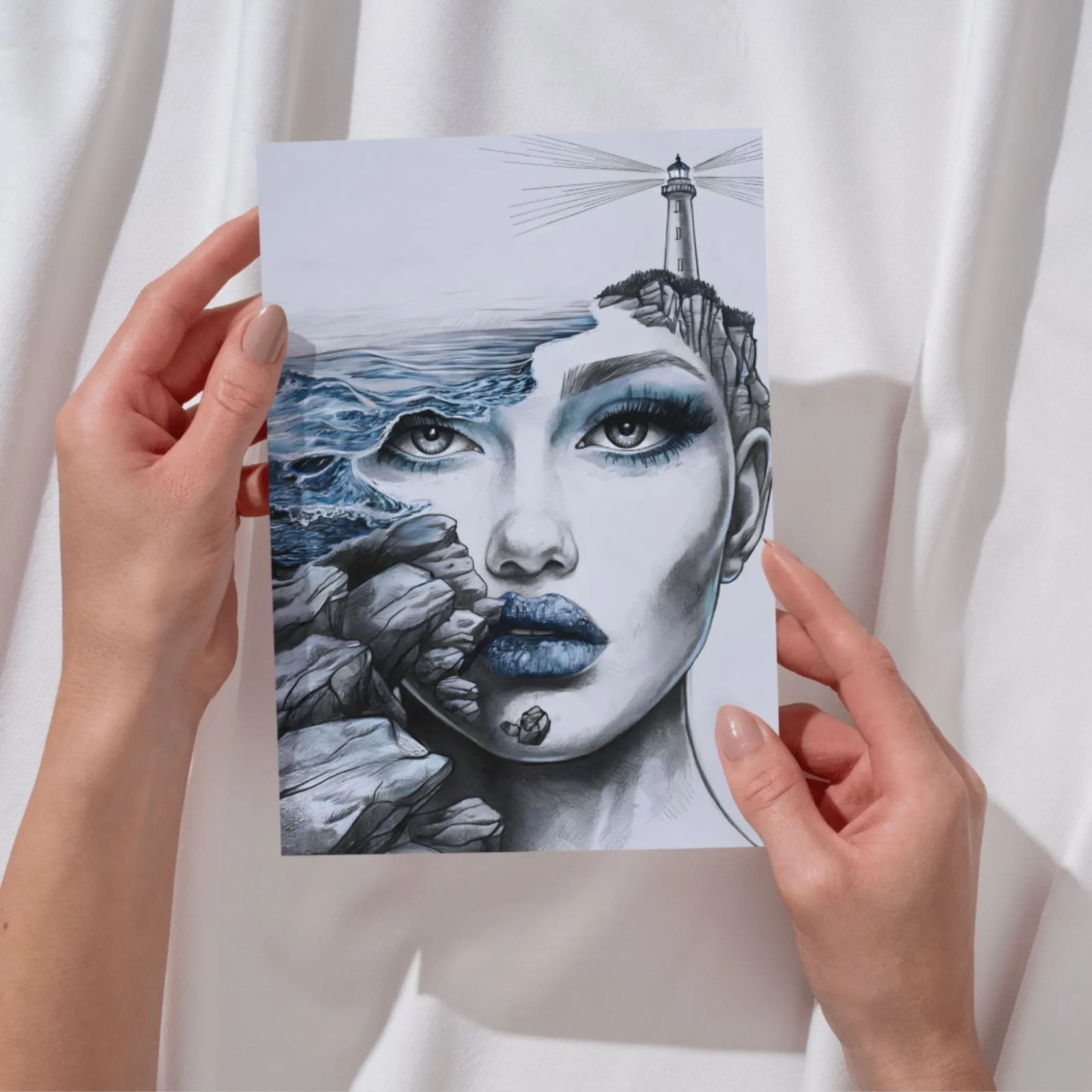 Surreale Kunst | Frau mit Leuchtturm & Meer