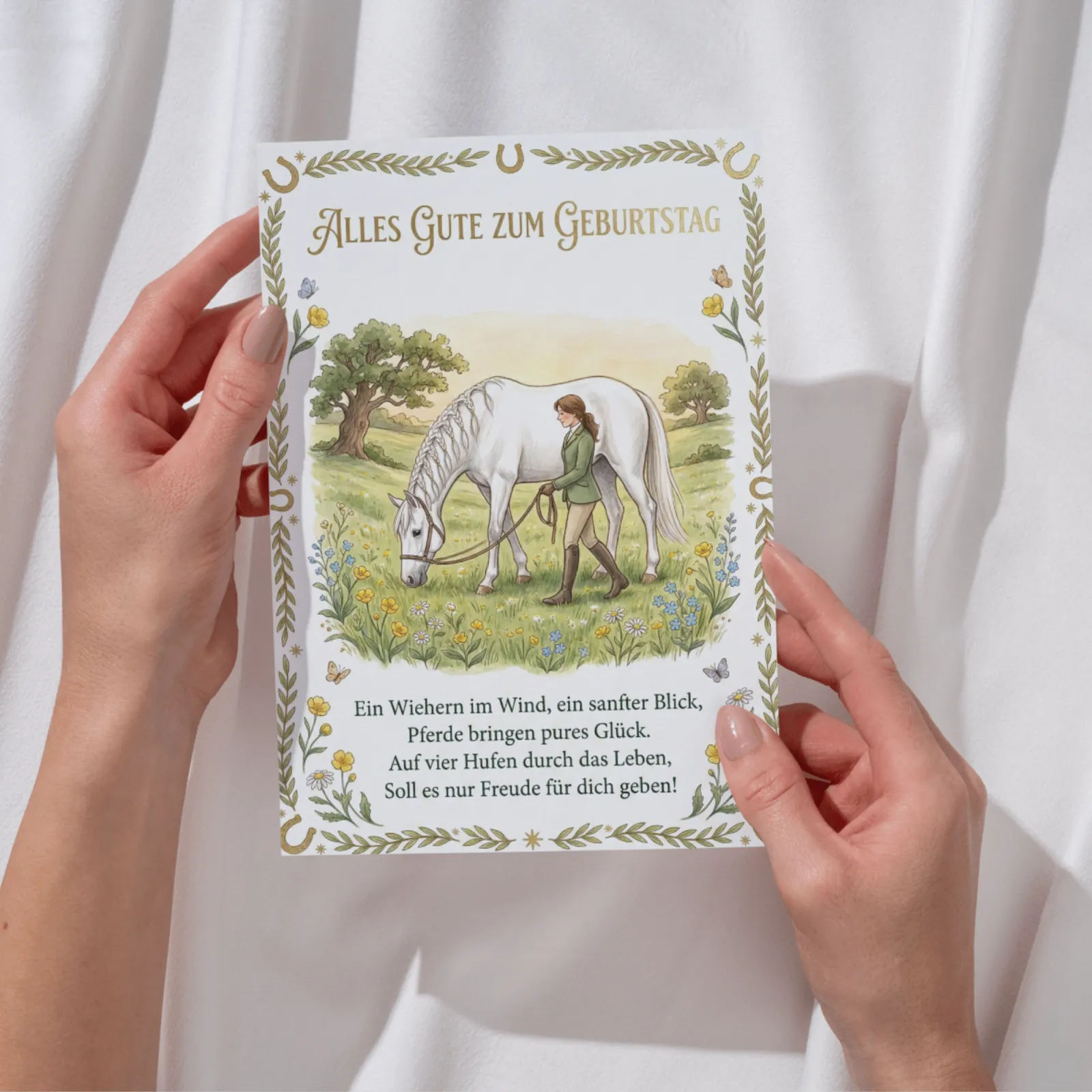 Geburtstagskarte Pferd Reiterin Aquarell Grußkarte mit Gedicht