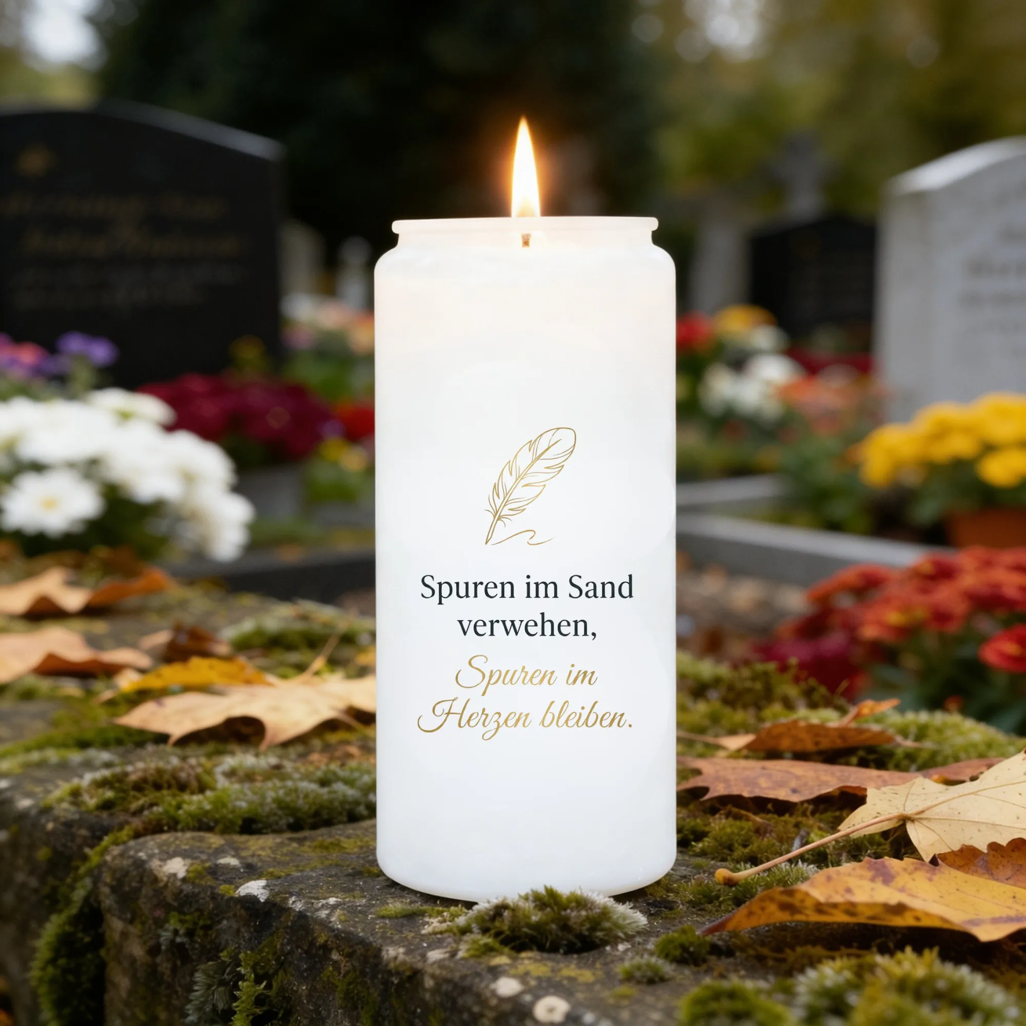 Aufkleber Grabkerze Feder Spruch Spuren im Sand verwehen